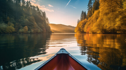 canoe in lake. adventure and freedom - obrazy, fototapety, plakaty