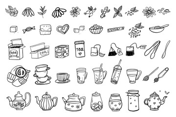 Big set of tea theme elements in doodle style. I love tea, tea time. Hand drawn. Cute vector illustration EPS10. Isolated on white background