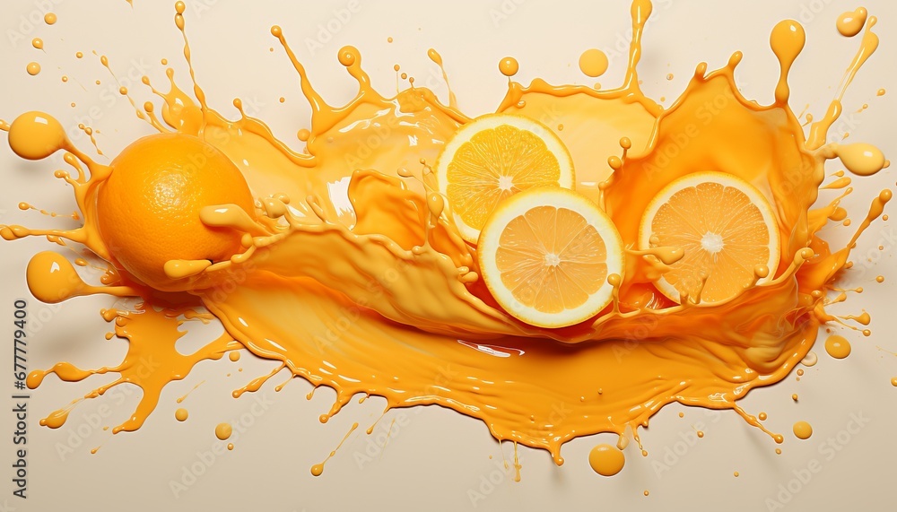 Poster bright orange slices with splashes of orange paint. concept: rich color and dynamic paint movement c