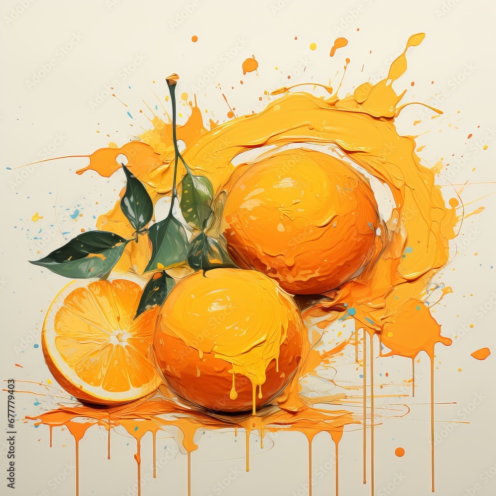 Poster bright orange slices with splashes of orange paint. concept: rich color and dynamic paint movement c