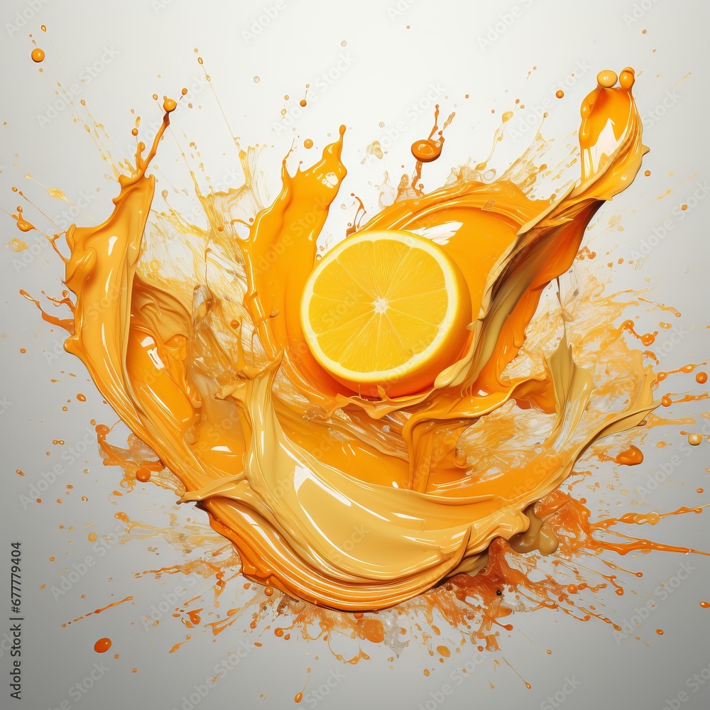 Poster bright orange slices with splashes of orange paint. concept: rich color and dynamic paint movement c