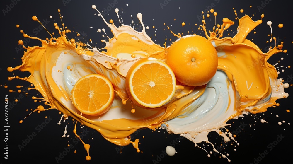 Poster bright orange slices with splashes of orange paint. concept: rich color and dynamic paint movement c