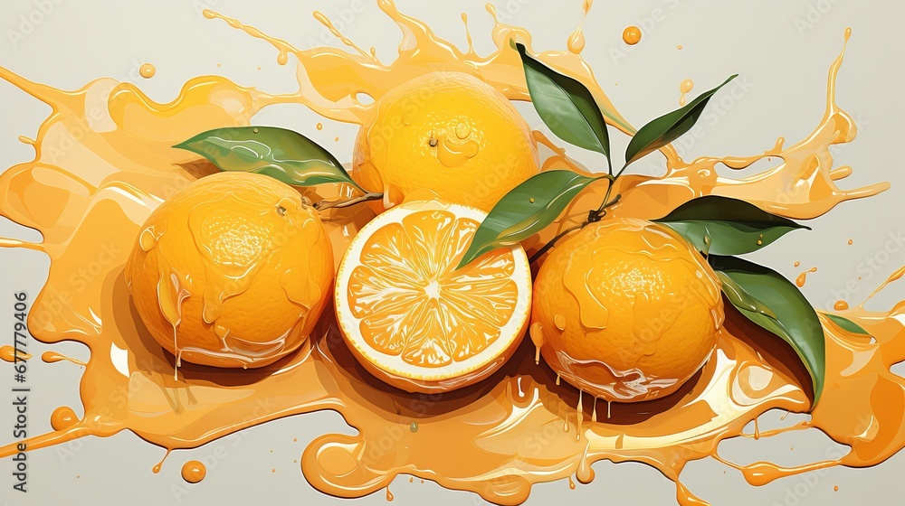 Poster bright orange slices with splashes of orange paint. concept: rich color and dynamic paint movement c