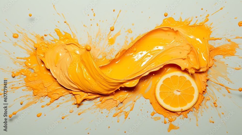 Poster bright orange slices with splashes of orange paint. concept: rich color and dynamic paint movement c