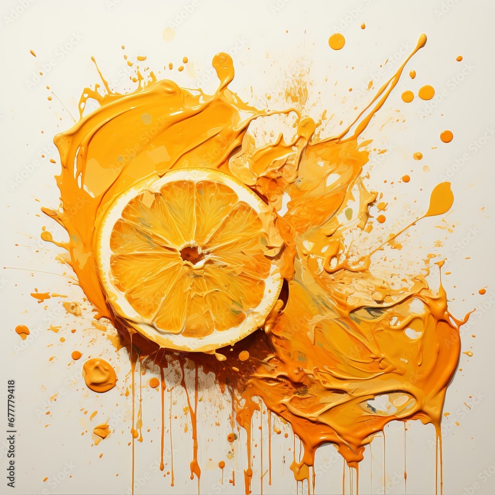 Poster bright orange slices with splashes of orange paint. concept: rich color and dynamic paint movement c