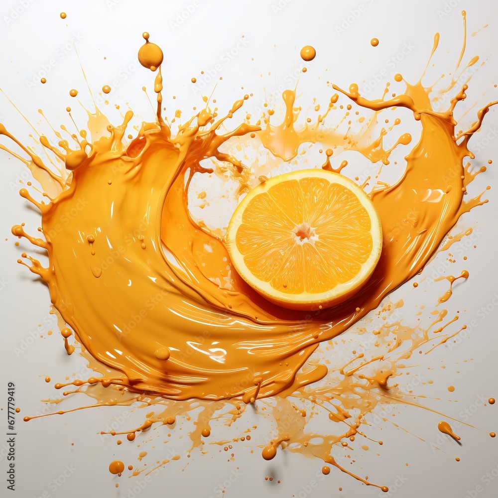 Poster bright orange slices with splashes of orange paint. concept: rich color and dynamic paint movement c