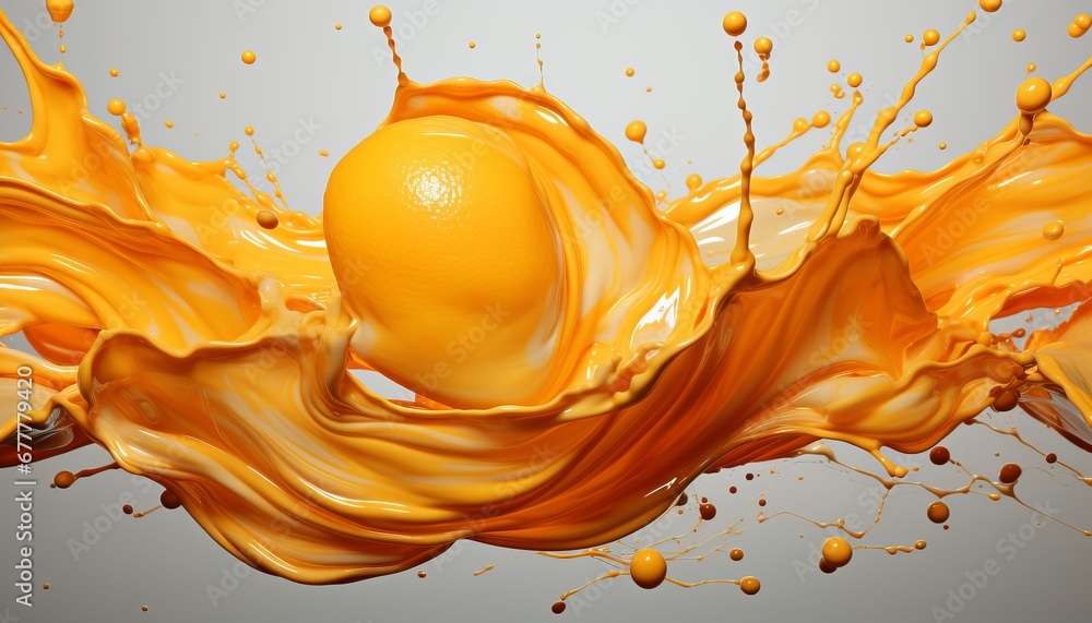 Poster bright orange slices with splashes of orange paint. concept: rich color and dynamic paint movement c