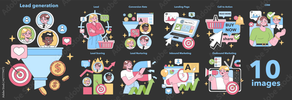 Poster lead generation set. digital marketers optimize online strategies. funnel conversion, landing pages,