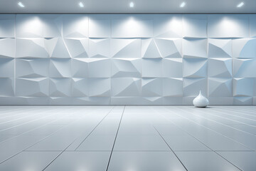 AI generated aesthetic empty light and dark interior background. White geometrically textured 3D empty wall and smooth light floor with beautiful lighting