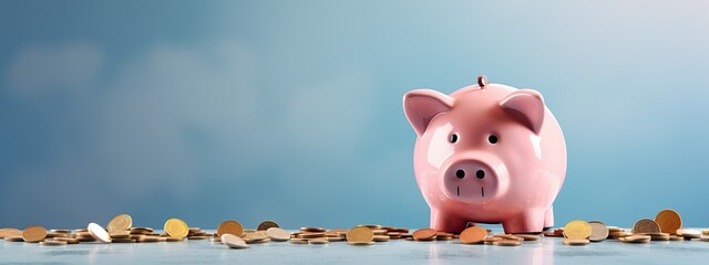 Pink pig piggy bank next to a few gold coins, on blue background. Investment failure, bankruptcy concept, wide banner