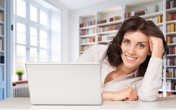 Young happy business woman worker working on laptop, AI generated image
