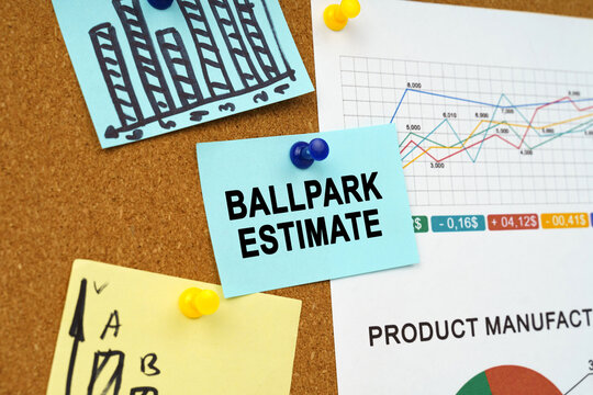 Business charts and stickers with the inscription hang on the board - BALLPARK ESTIMATE