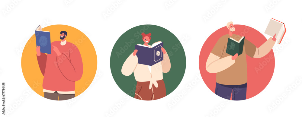 Poster isolated round icons or avatars with characters engrossed in books, their worlds expand through page