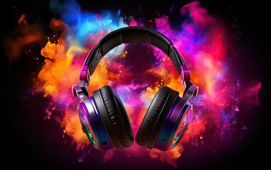Fototapeta na wymiar Stereo headphones exploding in festive colorful splash, dust and smoke with vibrant light effects on loud music sound, pulse, bass beats, ready for party