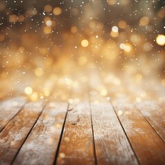 Naklejka na ściany i meble Bokeh background with golden glitter, lights and wooden table