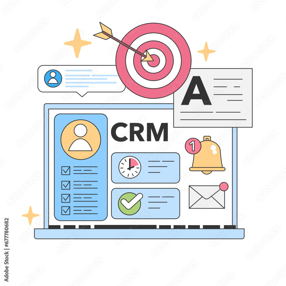 Poster crm software visualization concept. laptop showcasing customer relationship management interface. ta