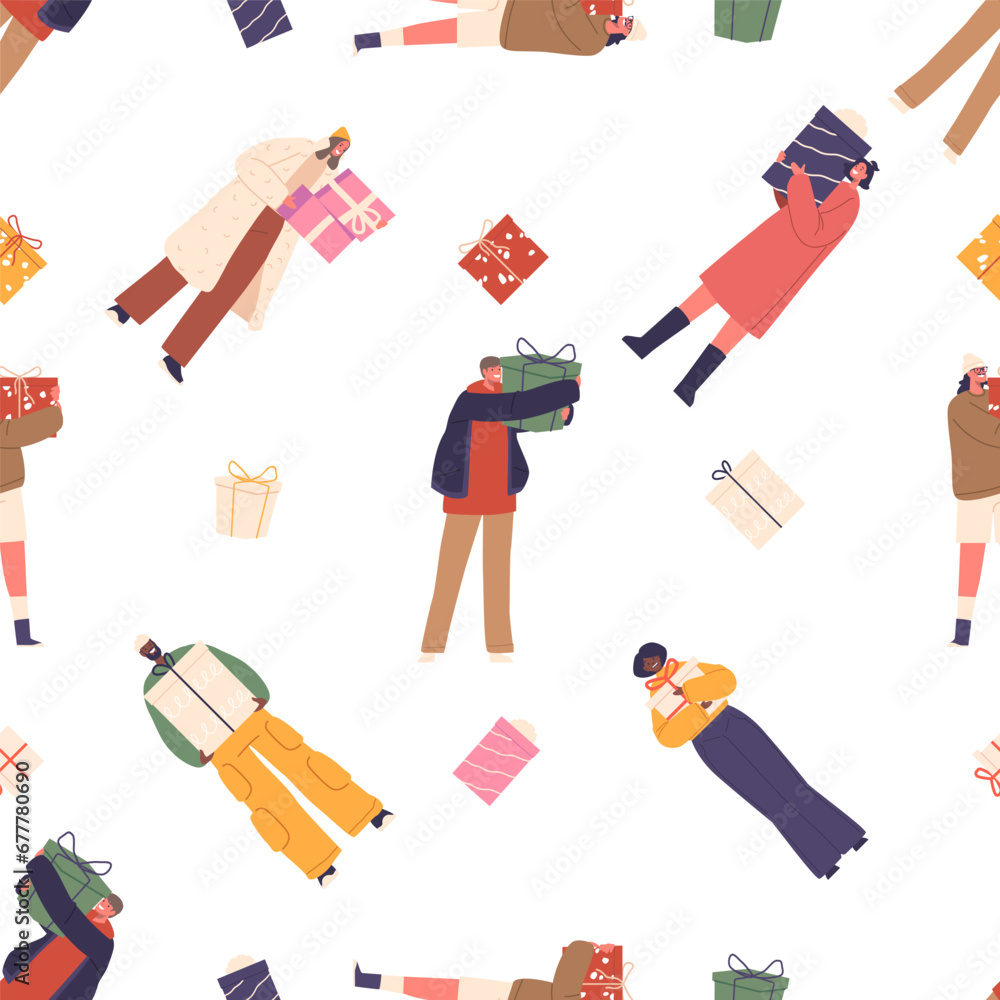Aufkleber seamless pattern features characters with colorful gifts, creating a festive and joyful design, vect