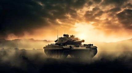 tanks fighting at sunset - obrazy, fototapety, plakaty