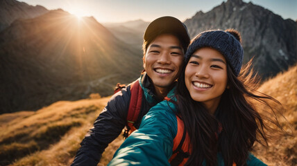 portrait of happy hiker couple taking selfie photo on top of mountain, Two Asian travelers with backpack smiling at camera together, Influential travel blogger streaming using smart mobile phone - obrazy, fototapety, plakaty