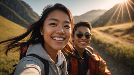 A cheerful couple of hikers taking selfies on the top of the mountain, Asian millennial boy and girl enjoying the day laughing together looking at camera. Travelers standing in the background of natur - obrazy, fototapety, plakaty