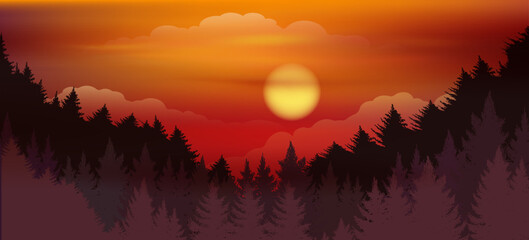 Sunset in far mountain forest