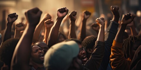 African American people in a crowd fighting and protesting in the street with raised fists against racism and racial discrimination, for change, freedom, justice and equality, Black Lives Matter