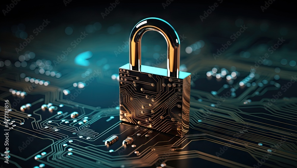 Poster a padlock on a board of an electronic circuit generative ai