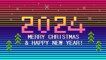 merry christmas and new year 2024. pixel art 2024.