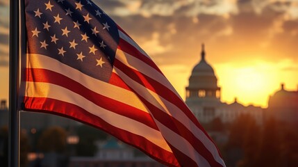 Waving American flag at golden hour over the United States Capitol dome at Independence day - obrazy, fototapety, plakaty