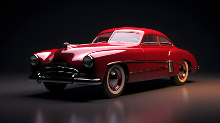 an antique red car is featured on a dark background