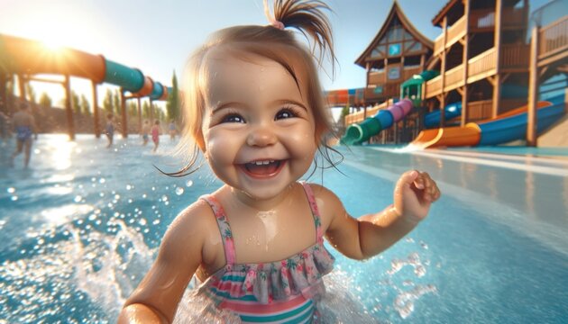 Hyper-realistic image of a toddler girl, with a joyful expression, playing in an aquapark