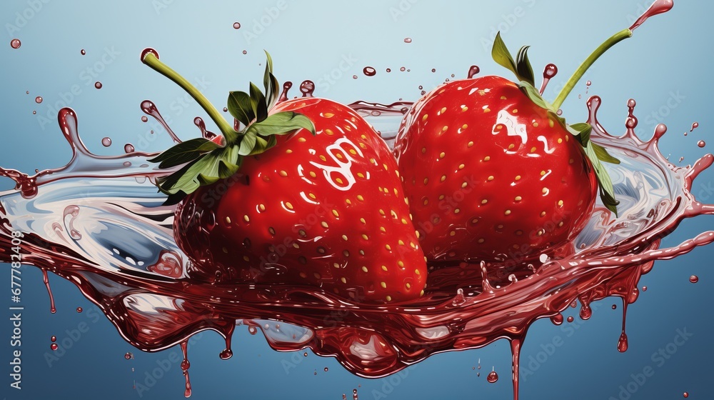 Poster bright strawberries with splashes of water. concept: rich color and dynamic paint movement create a 