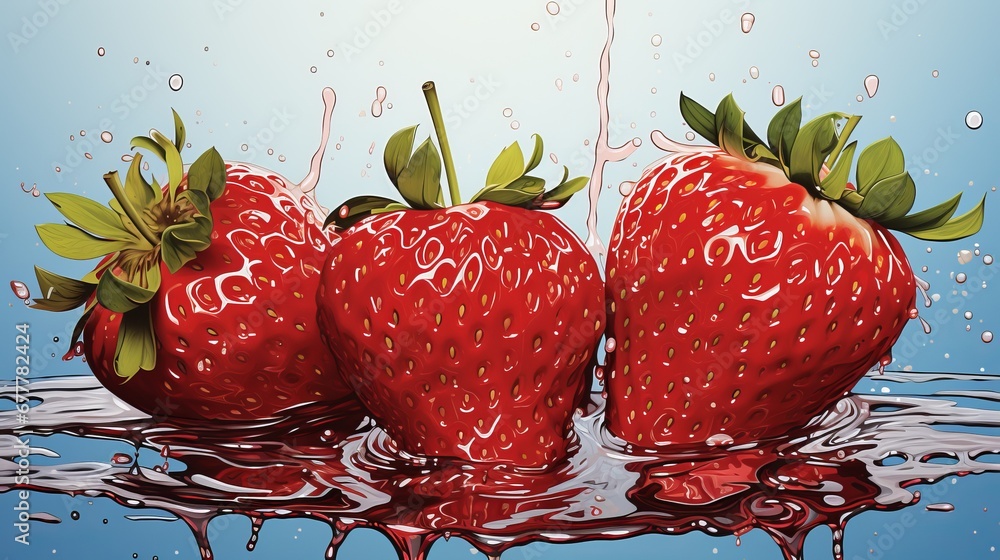 Poster bright strawberries with splashes of water. concept: rich color and dynamic paint movement create a 