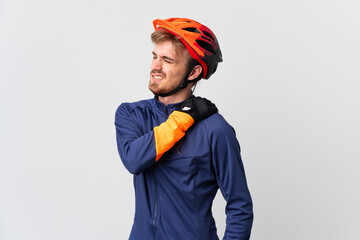 Young cyclist blonde man isolated on white background suffering from pain in shoulder for having made an effort - obrazy, fototapety, plakaty