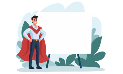 Flat vector illustration. A man in office clothes wearing a superman costume giving a presentation. Large banner and space for your text. Vector illustration