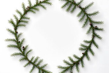 Curved spruce twigs with green needles covered with hoar isolated on white background with empty space in middle for mock up