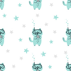Seamless vector pattern in minimalistic doodle style. Cute cat in an underwater mask holding a starfish . Vector illustration