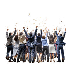 Rear view of a group of businessmen raising their hands to celebrate the upcoming festival on a transparent background. PNG - obrazy, fototapety, plakaty