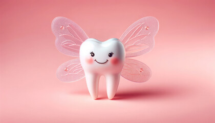 Magic fairy tooth with happy smile and translucent wings isolated on pink background. Funny smiling cartoon character
