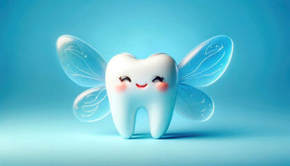 Magic fairy tooth with happy smile and translucent wings isolated on blue background. Funny smiling cartoon character