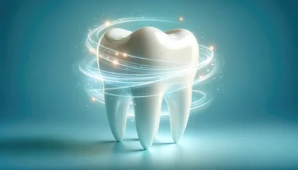 Foto op Plexiglas White tooth with swirling light effects creating an aura of cleanliness and health, set against a blue background © All Creative Lines