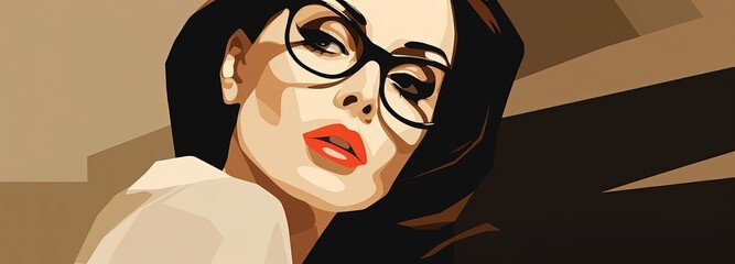Confident woman with black hair, glasses, and red lipstick