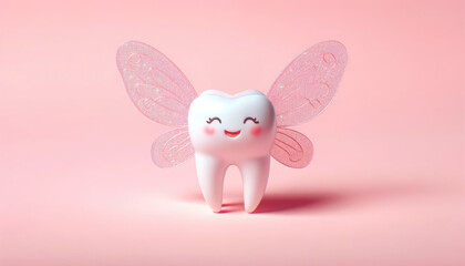 Magic fairy tooth with happy smile and translucent wings isolated on pink background. Funny smiling cartoon character