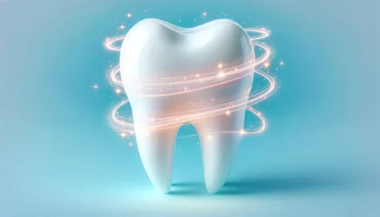 Fotobehang White tooth with swirling light effects creating an aura of cleanliness and health, set against a blue background © All Creative Lines