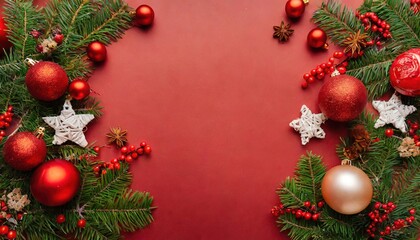 Fototapeta na wymiar Navidad alegre. Bordes navideños con elementos festivos, confeti, ramas de abeto sobre fondo rojo y brillante. Espacio vacío en el centro. Bolas de Navidad