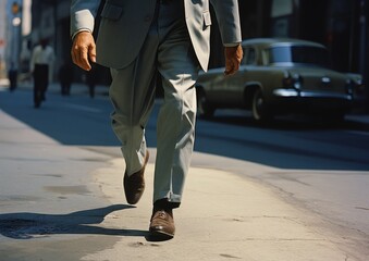 Un hombre de negocios andando por la calle, escena de los años 70 - obrazy, fototapety, plakaty