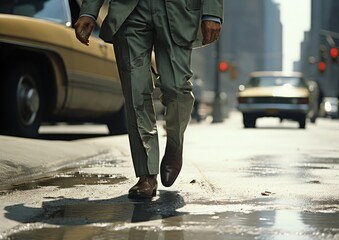 Fototapeta premium Un hombre de negocios andando por la calle, escena de los años 70