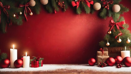 Navidad alegre. Bordes navideños con elementos festivos, confeti, ramas de abeto sobre fondo rojo y brillante. Espacio vacío en el centro 