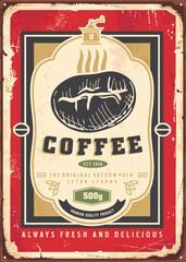 Coffee bean vintage graphic on old metal advertising sign. Retro coffee promotional poster design. Hot beverages vector image.