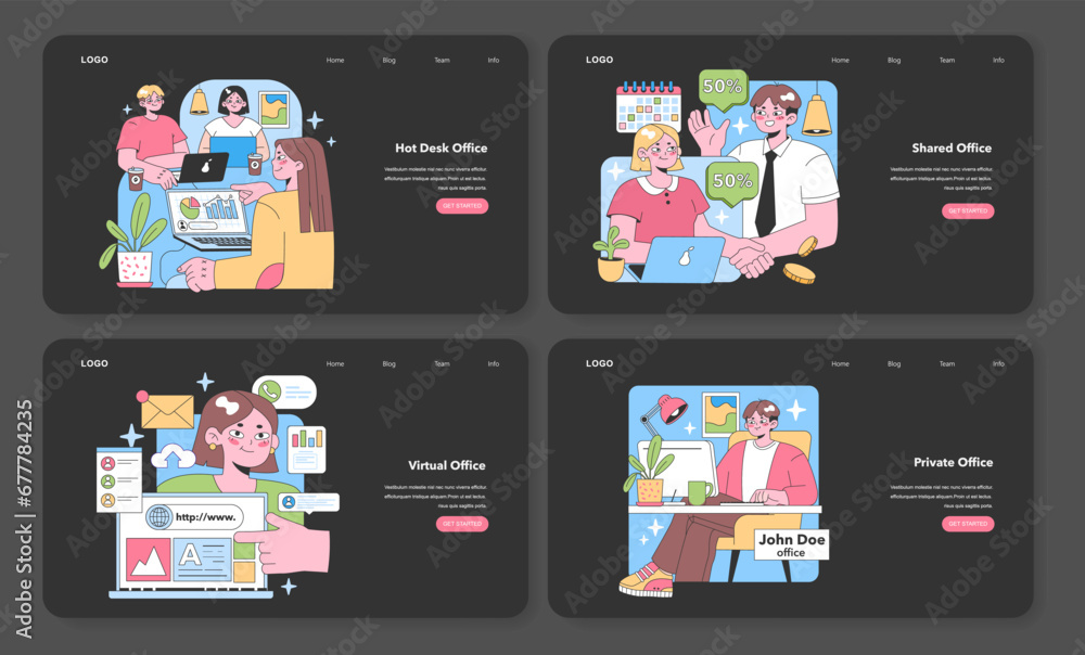 Poster office spaces set. modern work environments depicted: collaborative hot desk, deals in shared spaces